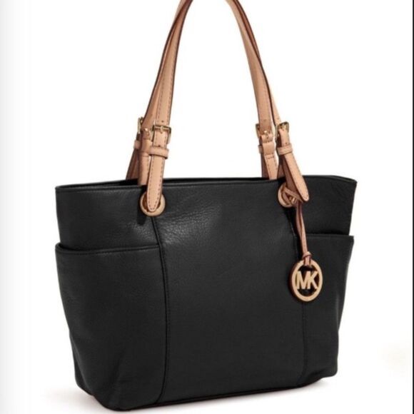 Michael Kors Black Leather Jet Set Tote Bag Shoulder Purse Classic Minimalist - Picture 1 of 12